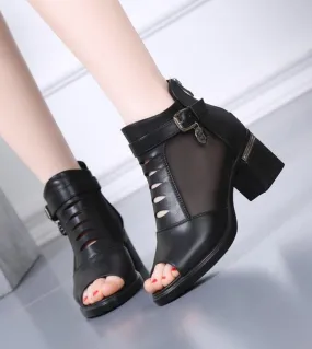 2022 nuovi sandali aperti stivali stivali da donna in pelle pu estate scarpe a rete tacco basso sandali in pelle con cerniera po